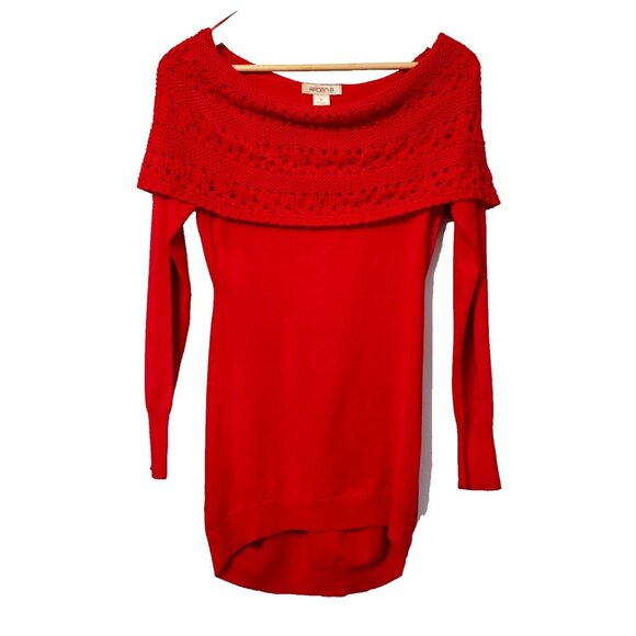 Arden B Red Off-Shoulder Crochet Tunic Sweater Medium Holiday Y2K - Picture 3 of 11